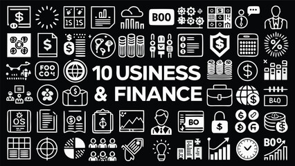 Fototapeta premium Collection of white business and finance icons on a black background with central text