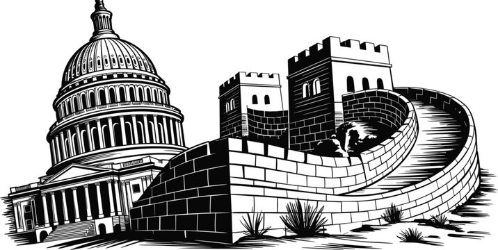 U.S. Capitol and Great Wall of China, historic landmarks, architecture illustration, famous monuments, travel, vector art, iconic structures, world heritage, cultural sites