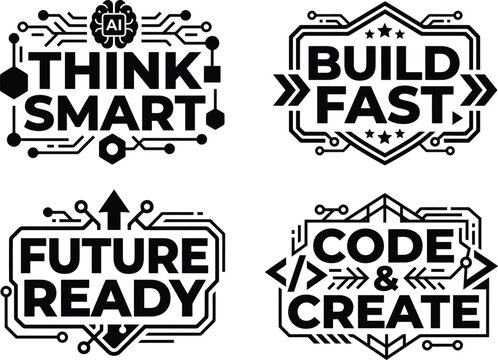 Vector group of four up-to-date black and white tech emblems for AI, smart thinking, swift development, and future-ready concepts.