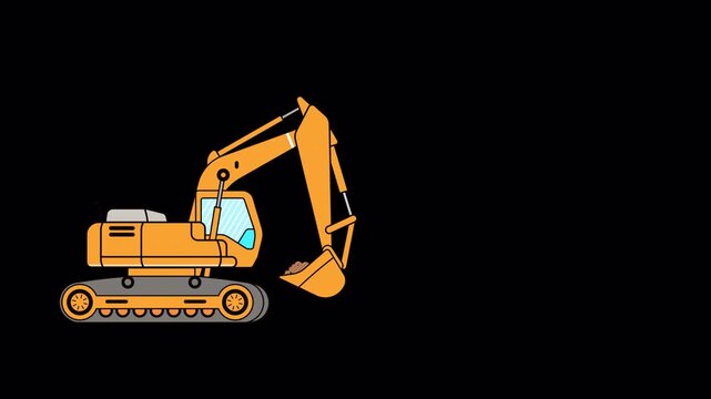 Yellow excavator construction machine with bucket and tracks on black background