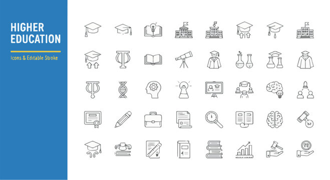 Higher Education Icons and Symbols Collection on White Background with Blue Header