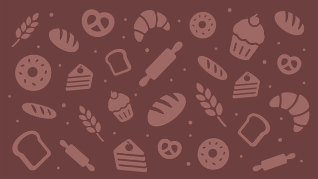 Luxury Bakery Seamless Pattern with Bread, Cake and Cookie Icons on Chocolate Brown Background