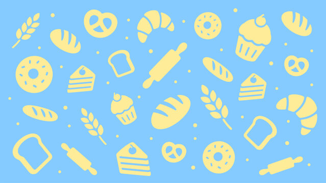 Flat Bakery Seamless Pattern with Bread, Cookies and Rolling Pin Icons on Sky Blue Background