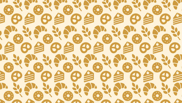 Golden Bakery Seamless Pattern with Bread, Pretzel and Cookie Icons on White Background