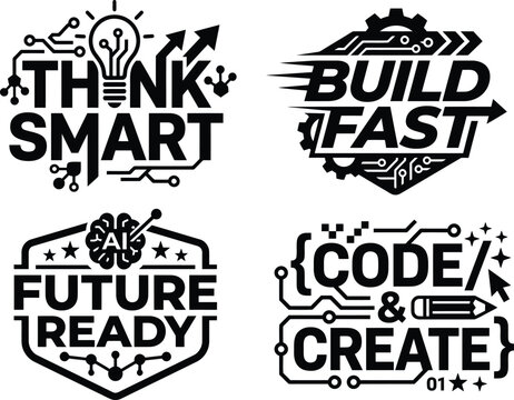 A selection of four current black and white vector technology and coding themed logo designs, representing innovation and computerized development concepts.