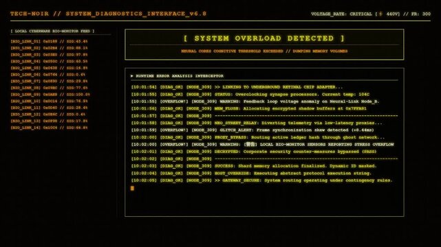 Tech Noir Diagnostics Interface Screen Showing System Overload Detected Warning Banner and Live Runtime Error Analysis Interceptor Terminal Log Streams.