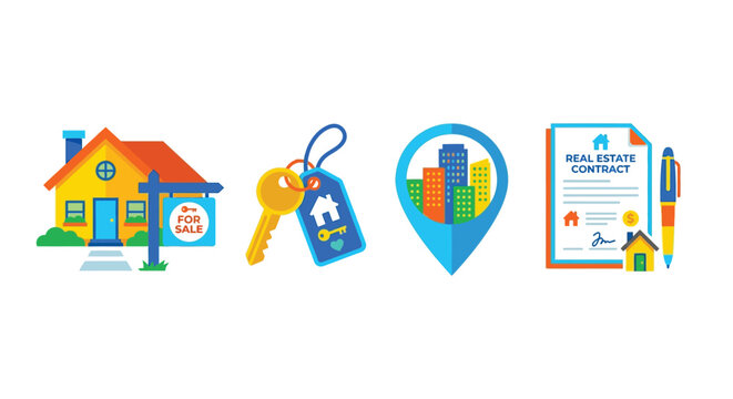 Real estate icons with house keys map and contract illustration