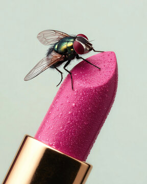 Surreal concept macro shot of a green blowfly sitting on bright pink lipstick