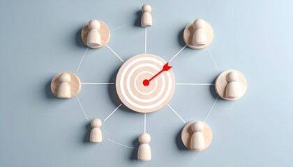 Obraz premium Minimalist scene features wooden figures around a target. Target's red arrow points center