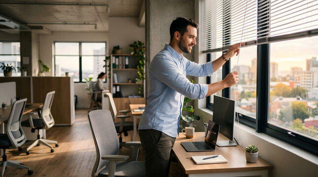Professional employee opening office blinds to begin calm mindful productive workday routine