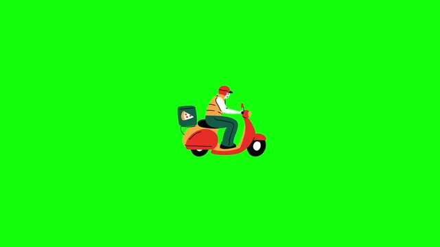 A 2D animated side-view of a food delivery courier riding a red motor scooter from left to right. The background is a solid bright green screen for chroma keying.