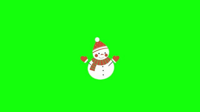 A cute 2D animated snowman bouncing up and down happily, wearing a red winter hat with white dots, a striped red and green scarf, and red mittens, isolated on a solid green screen background.

