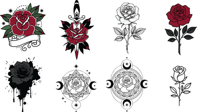 Gothic and Vintage Rose Tattoo Collection Featuring Floral Skulls, Mystic Symbols, Blackwork Designs, and Romantic Botanical Vector Illustration Set