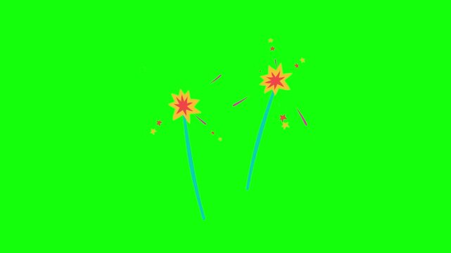 Two animated magic wands with teal handles casting spells, emitting bright orange starbursts, pink streaks, and twinkling stars, flat vector art style, isolated on a solid green screen background.