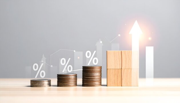 Stacks of coins rise beside wooden blocks. Graph lines climb upward, marked with percentage symbols