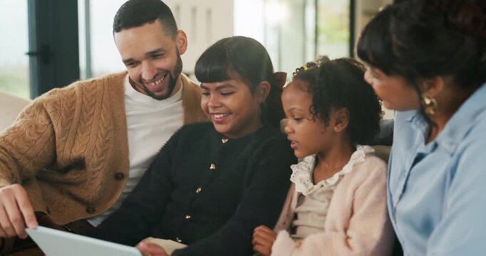 Talking, parents and children with tablet on sofa, watch cartoon or streaming subscription for movie. Film discussion, connection and happy people with girls for family fun, tech and bonding in home
