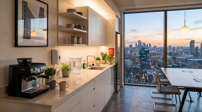 Quiet office kitchen with warm lighting supporting calm healthy workplace atmosphere after busy workday