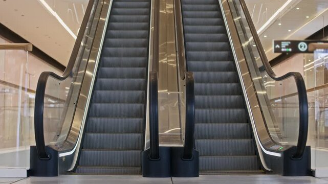 Stab no people shot of empty modern shopping mall escalator moving up and down for consumer traffic flow