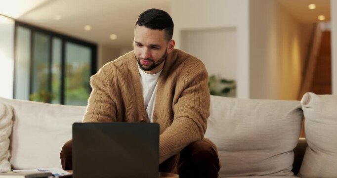 Reading, remote work and man with laptop in home, planning, website testing or upgrade proposal. Review, freelance and web designer with pc for domain maintenance, smile and homepage optimization