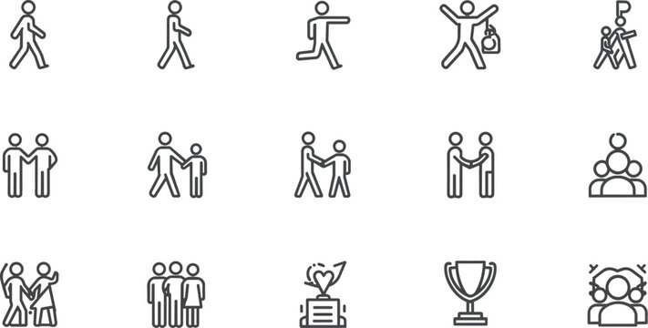 People line icons set. Person walking, running, happy man, company leader, friends hugs, team group, family minimal vector illustrations. Simple outline signs. 48x48 Pixel Perfect. Editable Stroke