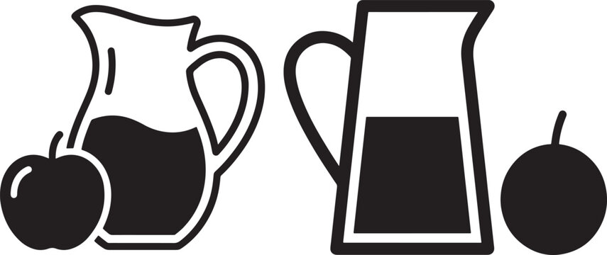 Juice jug icons with fruits outline and solid fill