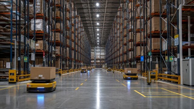 silently. Automated warehouse with tall shelves and autonomous carriers, cool lighting. product launch decks, UI/UX mockups, designed for data visualization dashboards and holographic UIs.