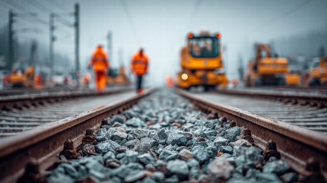 Railway track with workers and machinery in the background