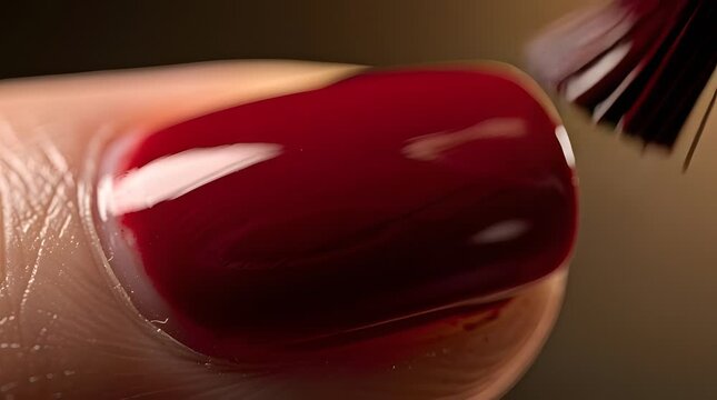 Applying red nail polish to fingernail.