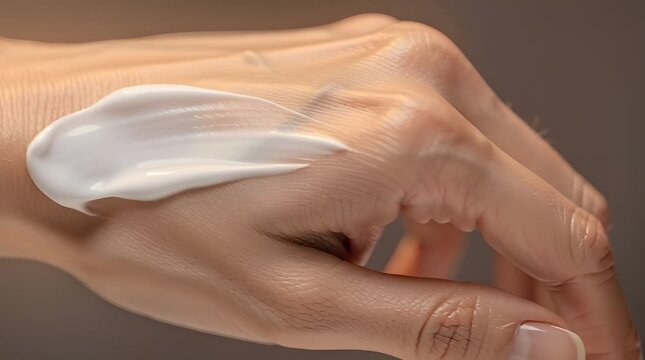 Hand applying white cream lotion.