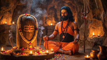Machindranath meditating deeply before Shiva Lingam holding japa mala inside silent sacred cave illustration wallpaper