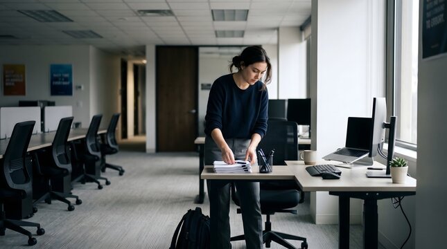 Employee quietly preparing workspace before team arrival during peaceful morning office routine