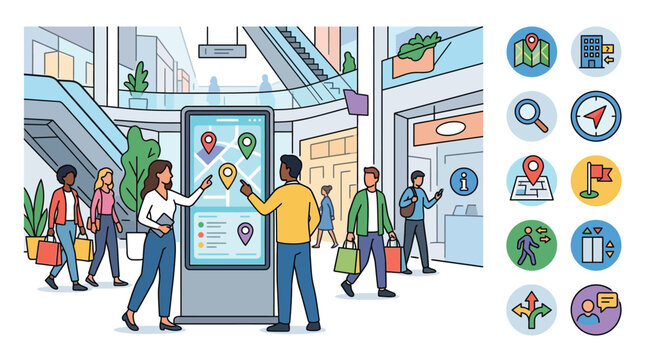 Vector illustration of a modern shopping mall interior with diverse shoppers using a digital map kiosk for indoor wayfinding, featuring escalator views and navigation icons.