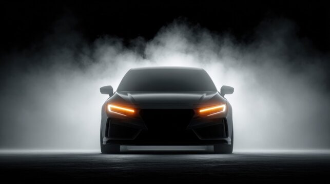 Sleek black sports car with glowing orange headlights emerges from smoke
