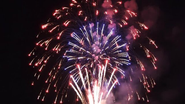 Colorful fireworks exploding in the dark night sky. Red, white, and blue pyrotechnic display. Fourth of July celebration concept