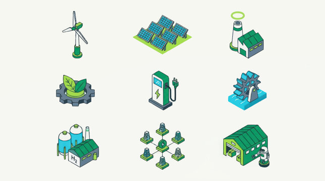 Isometric Illustrations of Renewable Energy Sources and Sustainable Technology.
