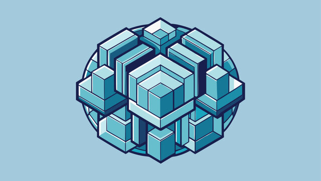 Geometric abstract sphere constructed from interlocking blue cubes and prisms, resembling futuristic architecture or complex data structure, clean isometric perspective against light blue background.