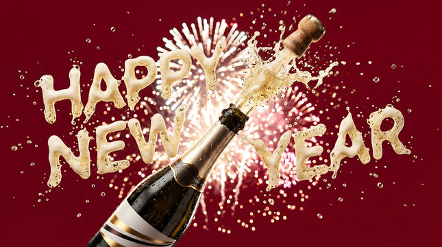 Cinematic Photorealistic New Year Banner with Exploding Champagne Bottle and Foam on Solid Burgundy Background
