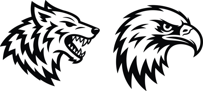 Wolf head and eagle head, fierce animals, predator illustration, wild nature, wildlife vector, animal artwork, aggressive wildlife design