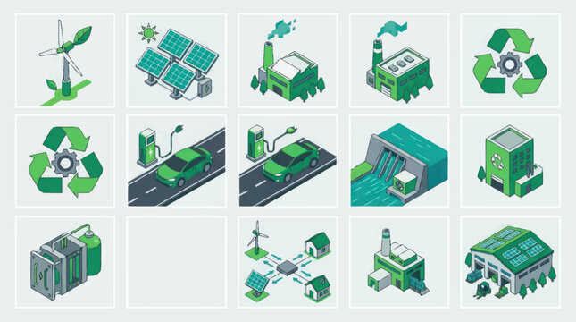 Isometric Green Energy Icons Depicting Renewable Power Sources.