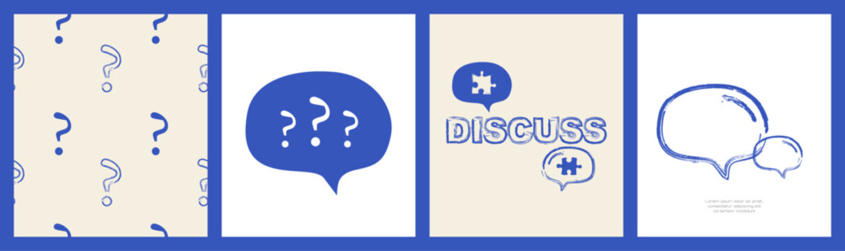 Cards with chat bubbles and question marks. Discussion concept.