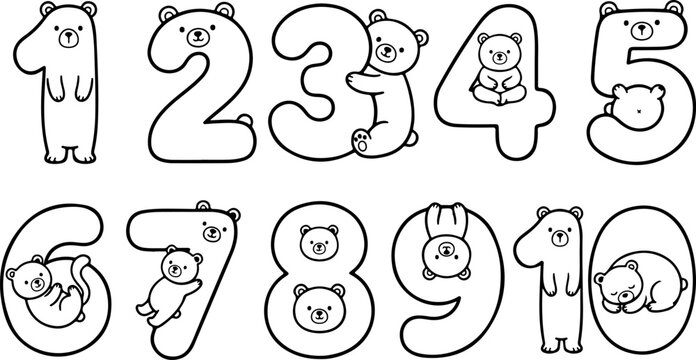 Cute bear numbers 1 to 10 coloring page, cartoon animal character digits for kids education, black and white outline vector set for preschool learning