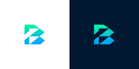 Modern and dynamic letter B logo design featuring a vibrant blue-green gradient in a geometric, abstract style, presented on both light and dark backgrounds for versatile branding applications © anello
