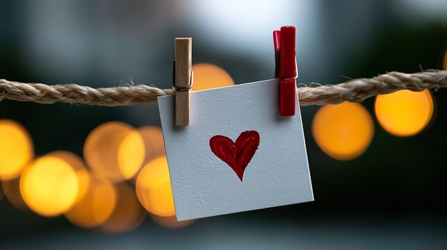 A small square card featuring a hand-painted red heart hangs from a rustic twine rope secured by mismatched wooden and red clothespins against blurred bokeh lights