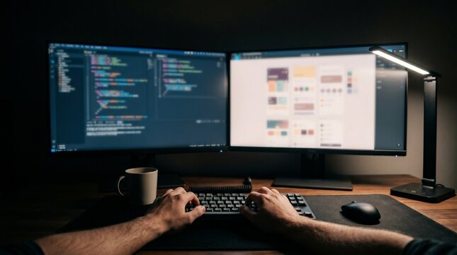 Programmer coding on mechanical keyboard with dual monitors at night.