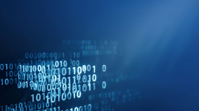 Binary code numbers floating in blue abstract digital technology background.