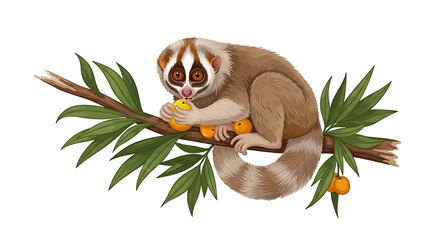 Fototapeta premium Lemur Holding Palm Frond in Natural Habitat with Tropical Leaves and Fruits