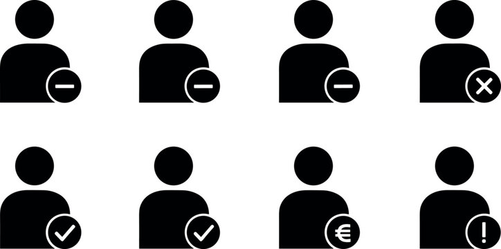 Black User Profile Icon Set with Account Management Symbols Including Delete Checkmark Alert and Currency Symbols for Interface and Mobile App Designs