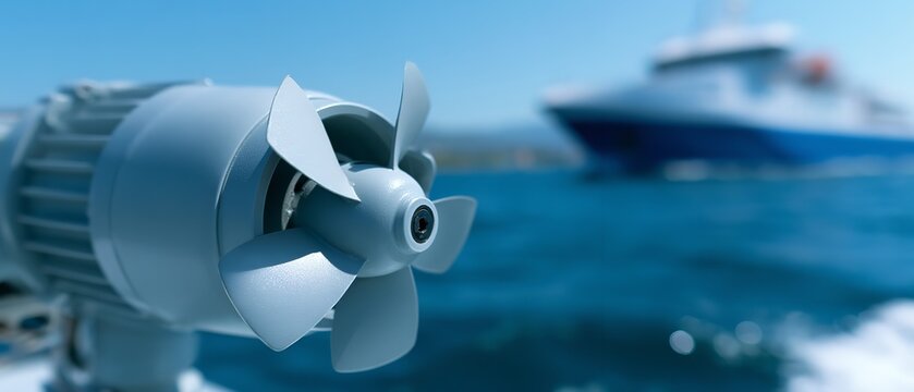 A light-grey marine propeller with sharp blades sits in the sharp foreground while a large ship sails on the distant blue ocean under a clear sky