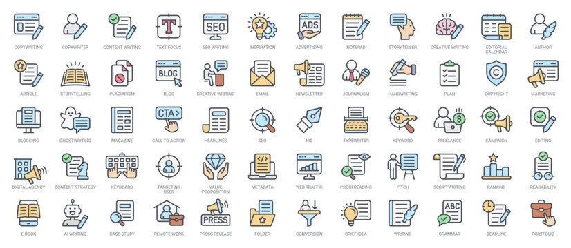 60 Copywriting, Blogging, and Digital Agency Outline Color Icons