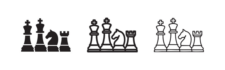 Set of three chess piece icons, solid black, outline black, outline white © liubomir118809